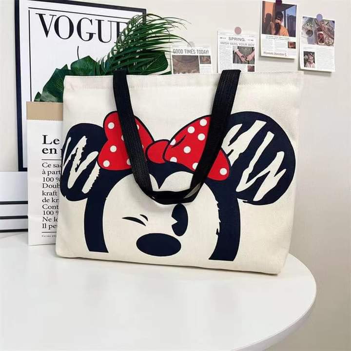 c073, Large capacity canvas bag women's new Minnie portable shoulder bag fashion tote bag student school bag shopping bag