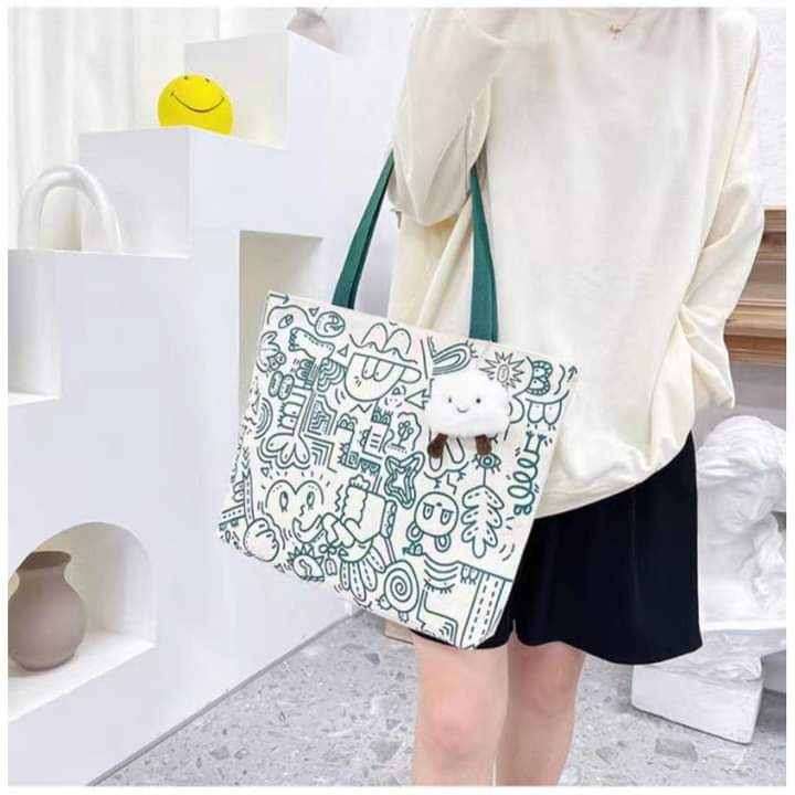 c073, Large capacity canvas bag women's new Minnie portable shoulder bag fashion tote bag student school bag shopping bag