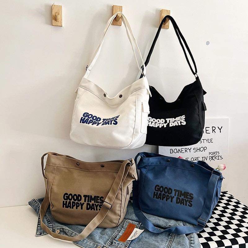 M014, “ Good time “ Letter canvas bag for women 2023 new trendy simple fashion tote bag student class large capacity messenger bag