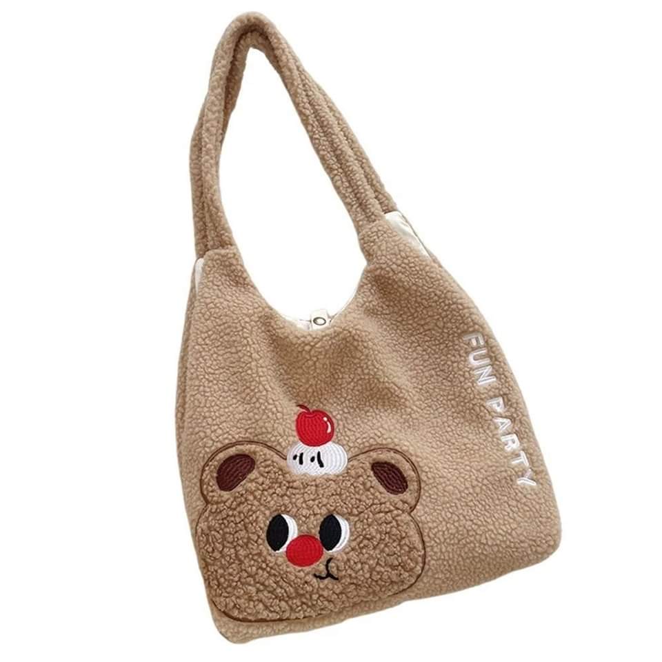 c012, Yunhi shoulder bag Soft velvet fabric, large size, can hold a lot of things, embroidered with a fashionable faux sheep cartoon pattern