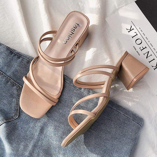 F003, Black Thin Strap Sandals Fairy Style 2024 New Medium Heel Sandals for Women Outerwear Thick Heel Strap Women's Shoes