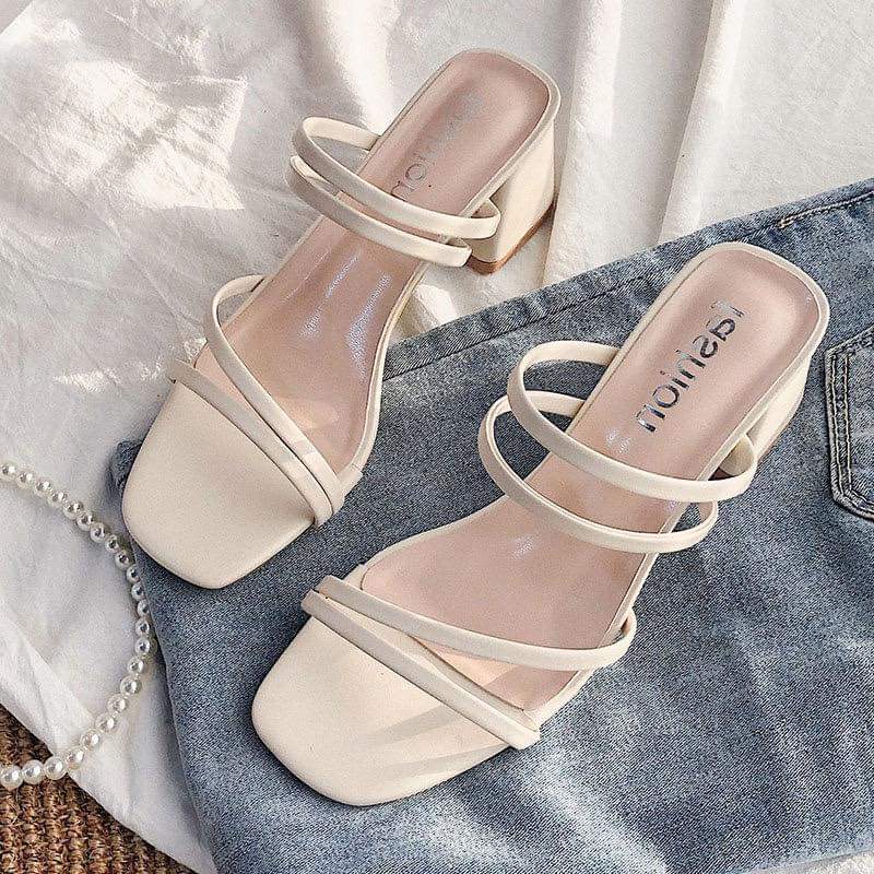 F003, Black Thin Strap Sandals Fairy Style 2024 New Medium Heel Sandals for Women Outerwear Thick Heel Strap Women's Shoes