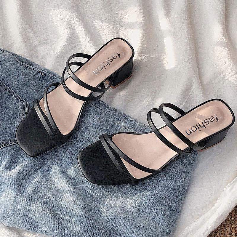 F003, Black Thin Strap Sandals Fairy Style 2024 New Medium Heel Sandals for Women Outerwear Thick Heel Strap Women's Shoes