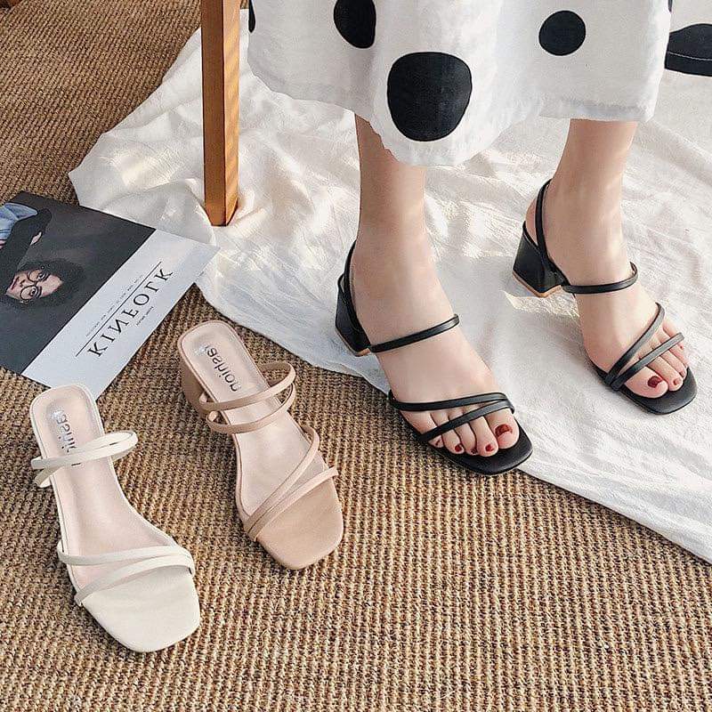 F003, Black Thin Strap Sandals Fairy Style 2024 New Medium Heel Sandals for Women Outerwear Thick Heel Strap Women's Shoes