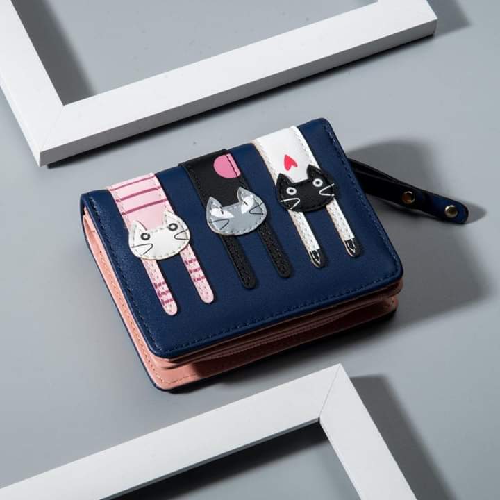 W084, Ladies Short Wallet Japanese and Korean Cute Cartoon Three Cats Clutch Zipper Coin Purse