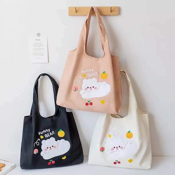 c034,Canvas bag, large FUNNY BEAR pattern,cute korean look