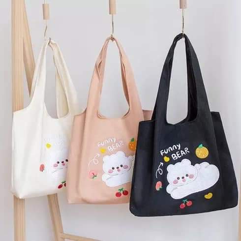 c034,Canvas bag, large FUNNY BEAR pattern,cute korean look