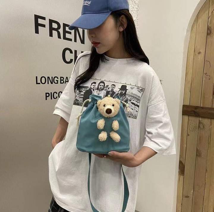M077, Cute small bag female 2023 new Korean style fashion bear shoulder bag casual girl drawstring bucket bag