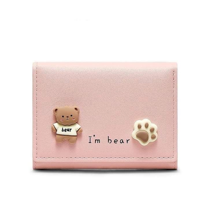 w030, short leather wallet, foldable, bear pattern, cute for girls and students.