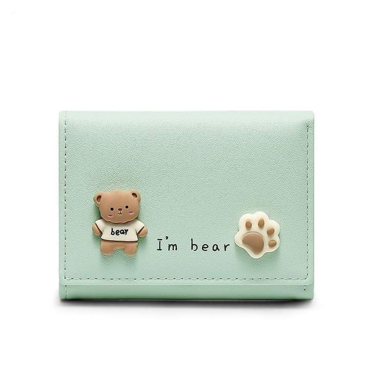 w030, short leather wallet, foldable, bear pattern, cute for girls and students.