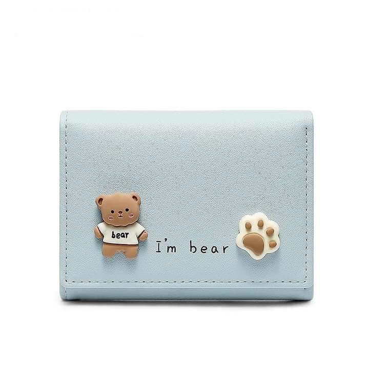 w030, short leather wallet, foldable, bear pattern, cute for girls and students.