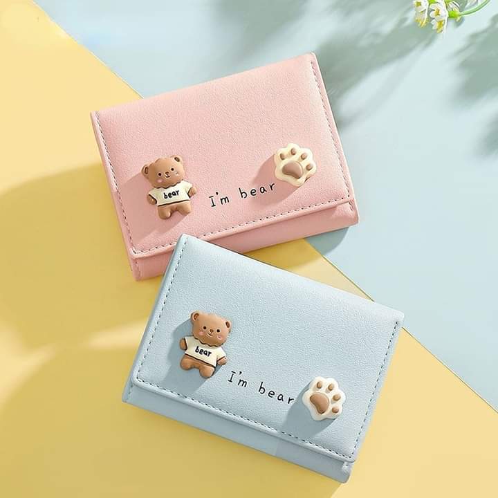 w030, short leather wallet, foldable, bear pattern, cute for girls and students.