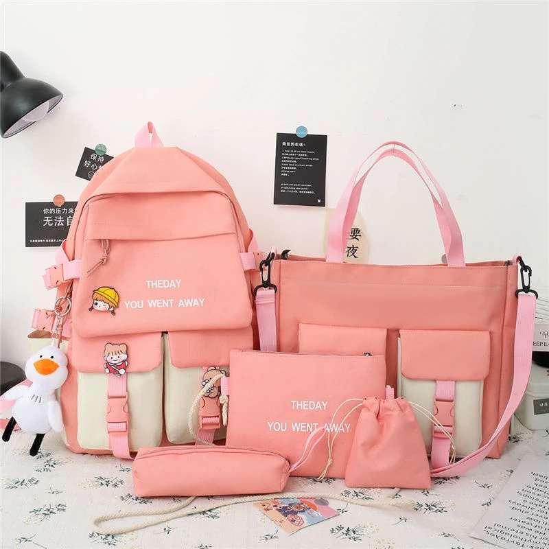 b052, New five-piece schoolbag female Korean version ins color matching middle school student schoolbag fashion alphabet campus student backpack