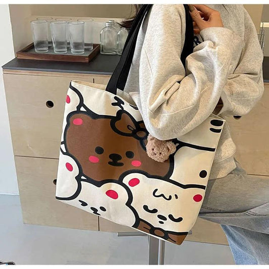 C092, Versatile Commuting Tote Bag Women's New Canvas Shoulder Bag Cute Print Large Capacity Student Class Tote Bag Trendy