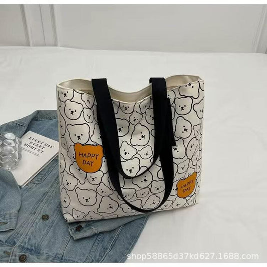 C98, New Tote Bag Female College Students Early Eight Commuter Canvas Bag Large Capacity Tote Bag Cute Bear Underarm Bag