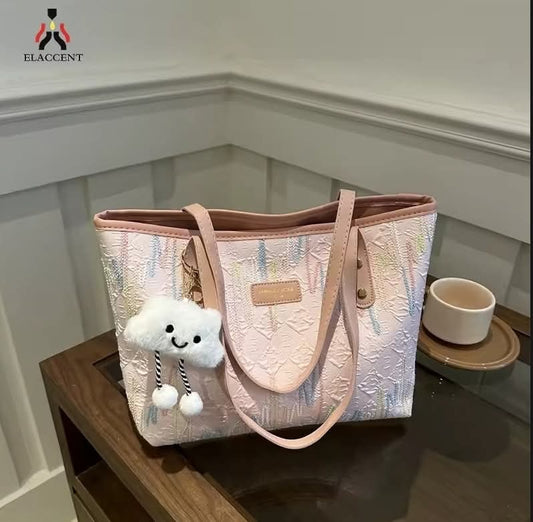 c018, Leisure commuter large capacity bag Women's new fashion college class single shoulder striped embroidery Tote bag