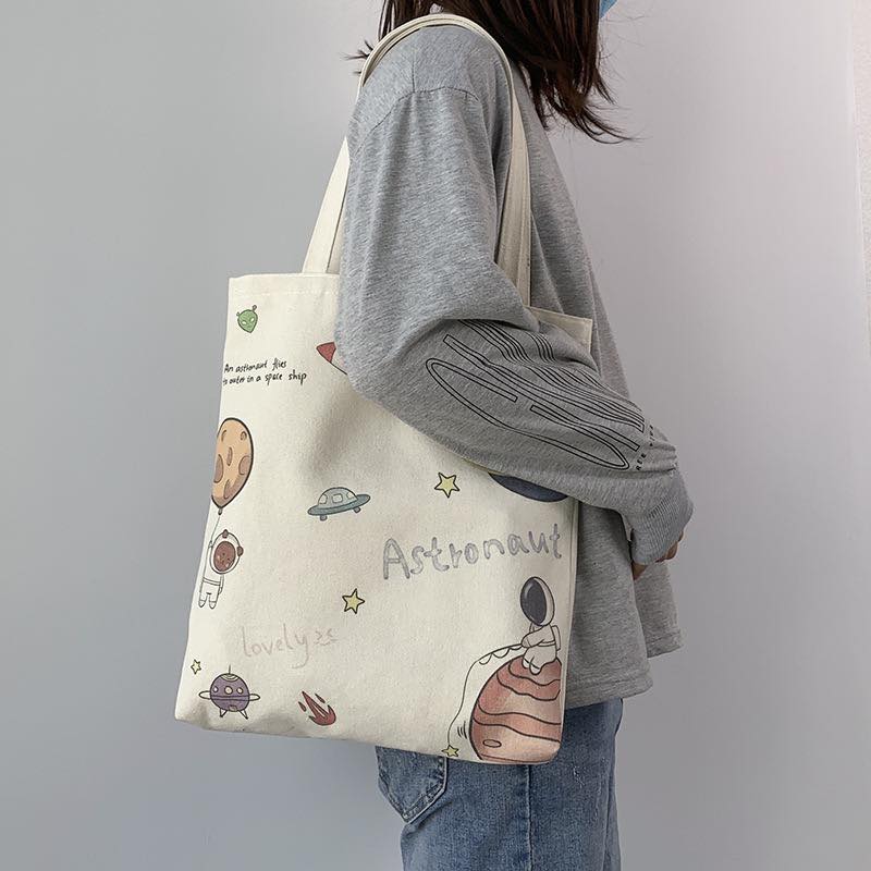 c028 Space fishing cartoon student ins large capacity canvas bag