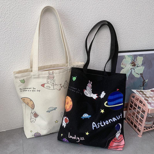 c028 Space fishing cartoon student ins large capacity canvas bag