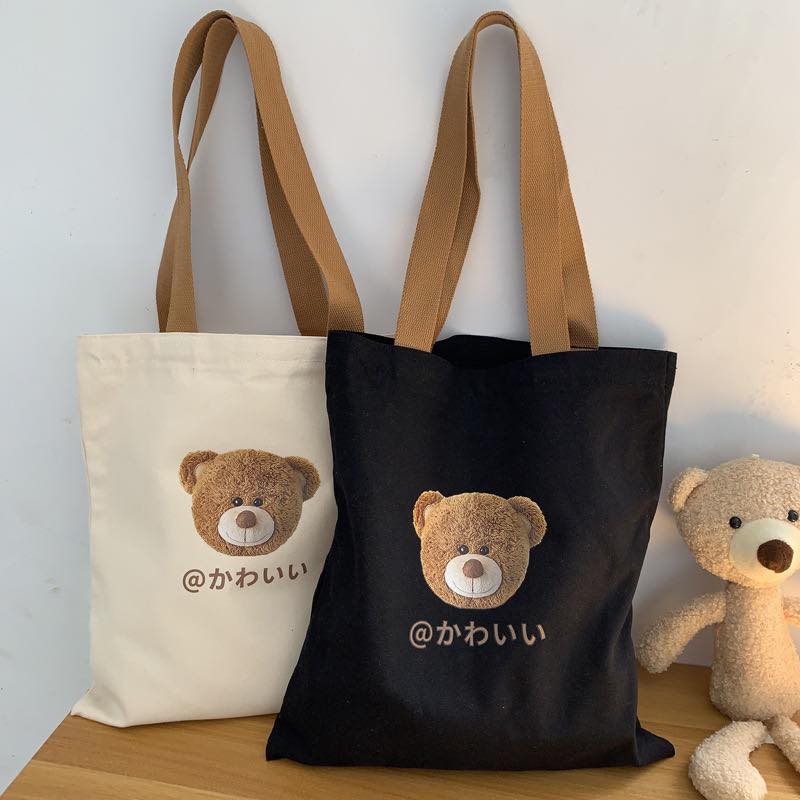 c033 Bear bag canvas bag women's one-shoulder Japanese Korean version ins cute literature and art large-capacity student class handbag