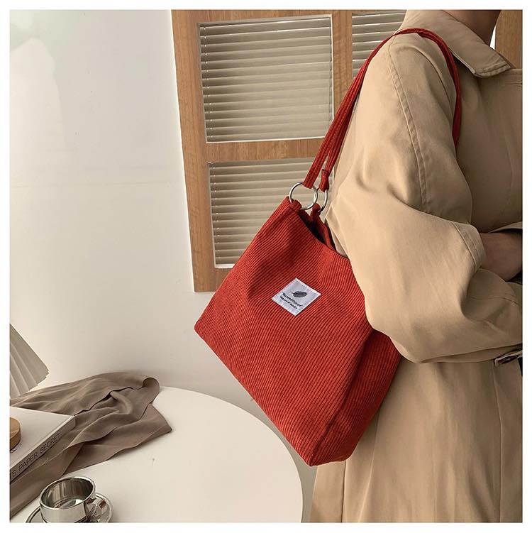 C052 Canvas bag women's one-shoulder Korean version ins retro simple literary corduroy lazy wind large-capacity portable shopping bag