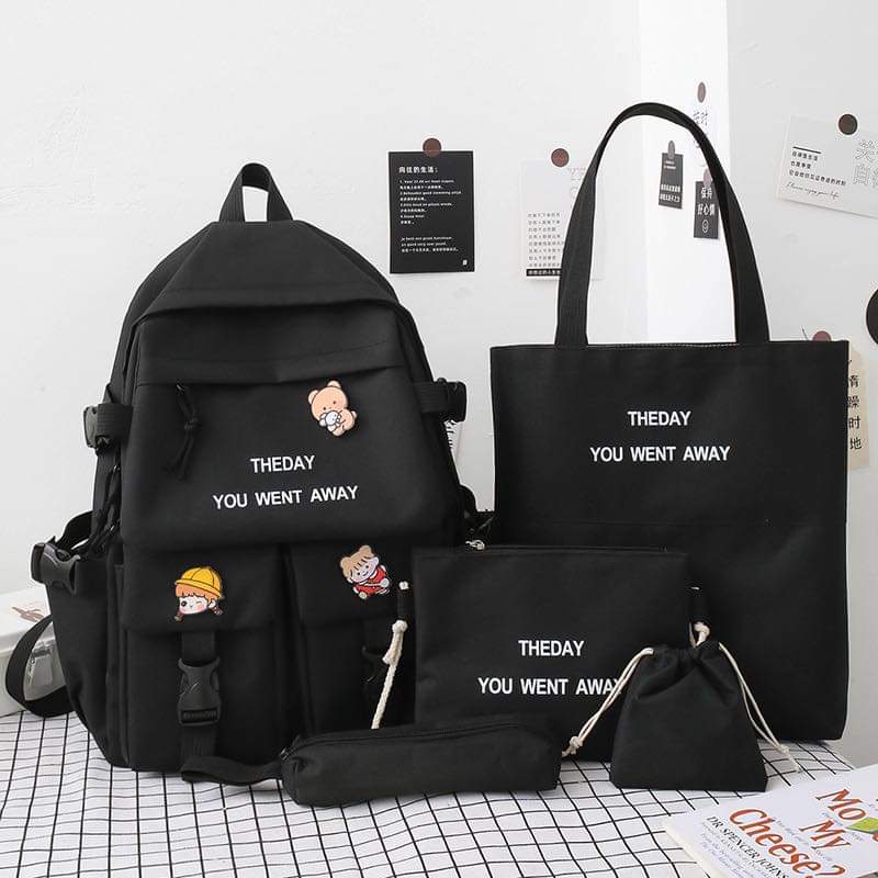 b052, New five-piece schoolbag female Korean version ins color matching middle school student schoolbag fashion alphabet campus student backpack