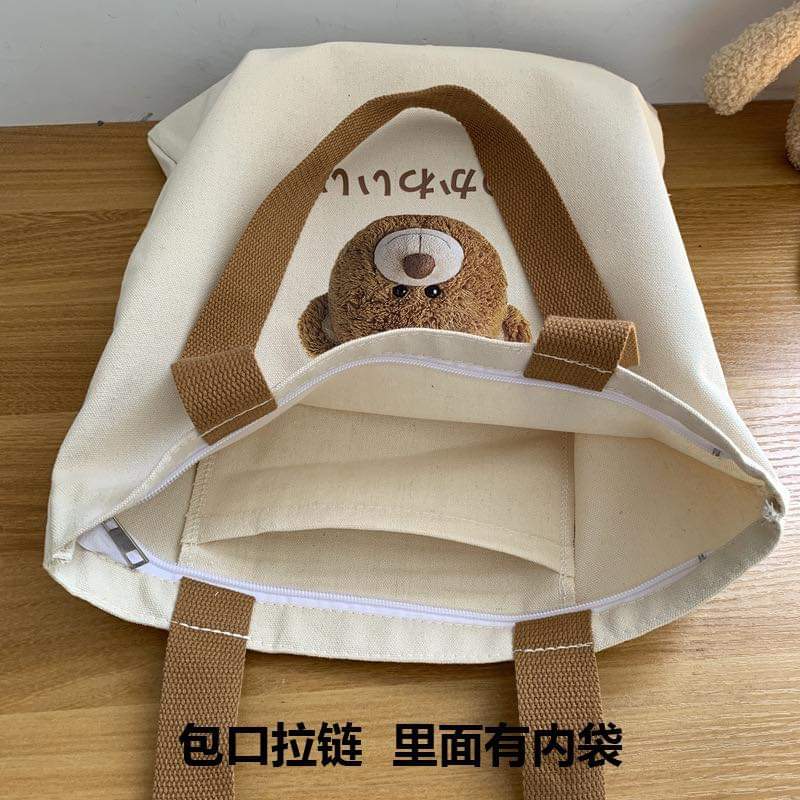 c033 Bear bag canvas bag women's one-shoulder Japanese Korean version ins cute literature and art large-capacity student class handbag